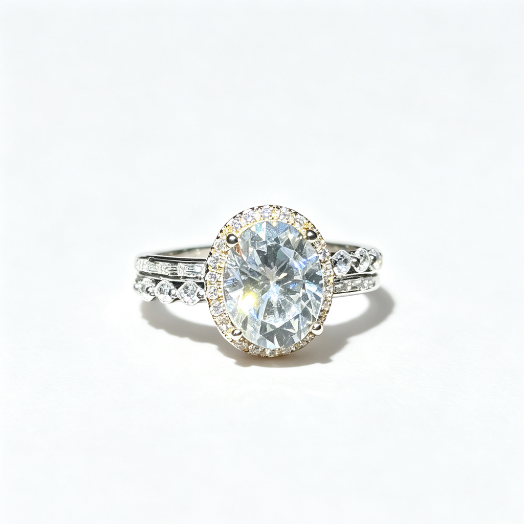 Oval‑Cut Halo Engagement S925 Ring, Side Stone Pave Band Simulated Diamond Promise Ring