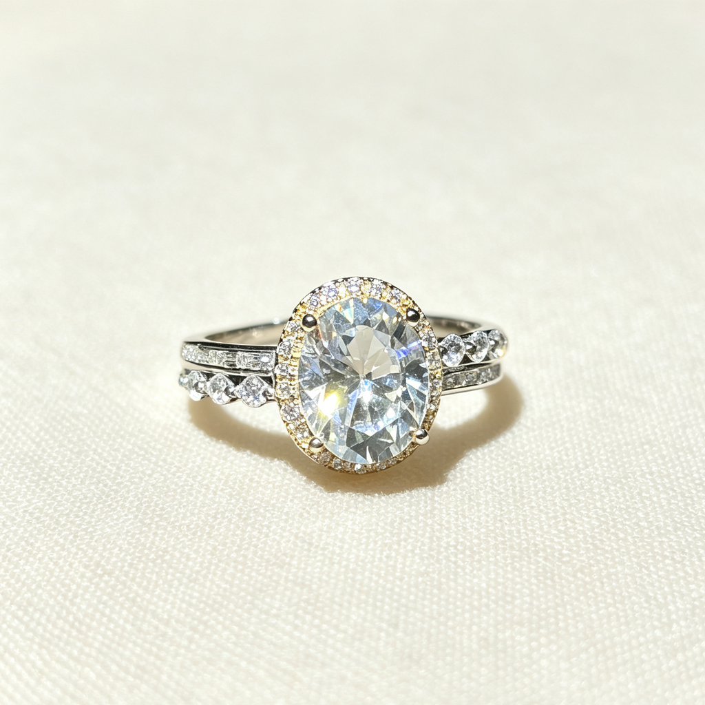 Oval‑Cut Halo Engagement S925 Ring, Side Stone Pave Band Simulated Diamond Promise Ring