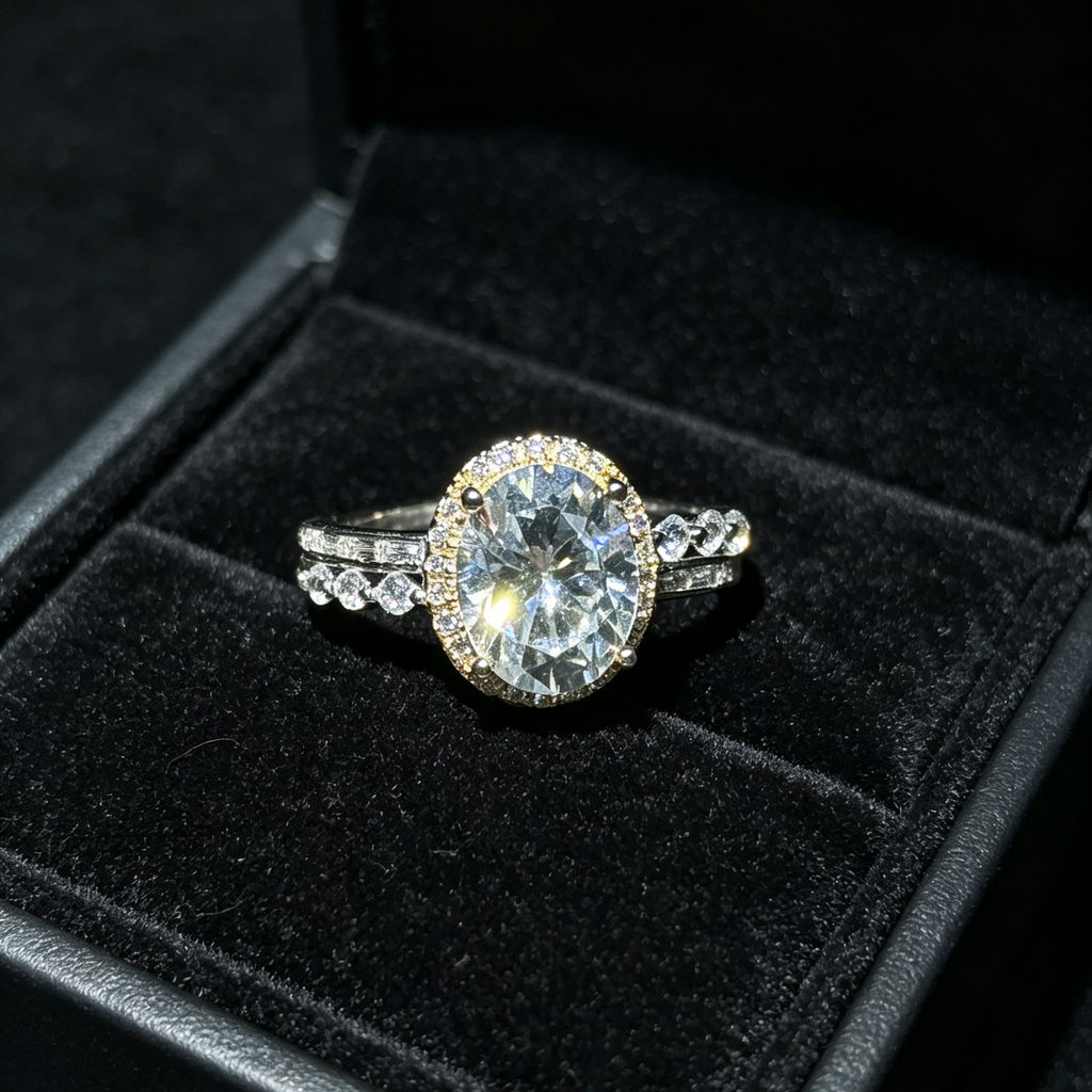 Oval‑Cut Halo Engagement S925 Ring, Side Stone Pave Band Simulated Diamond Promise Ring