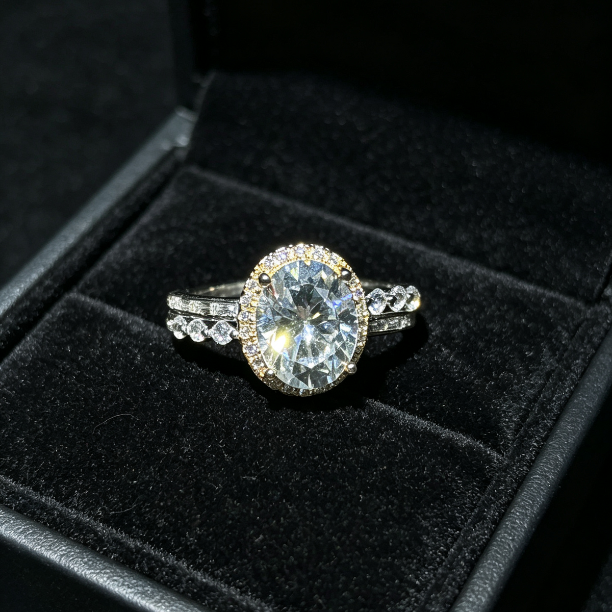 Oval‑Cut Halo Engagement S925 Ring, Side Stone Pave Band Simulated Diamond Promise Ring