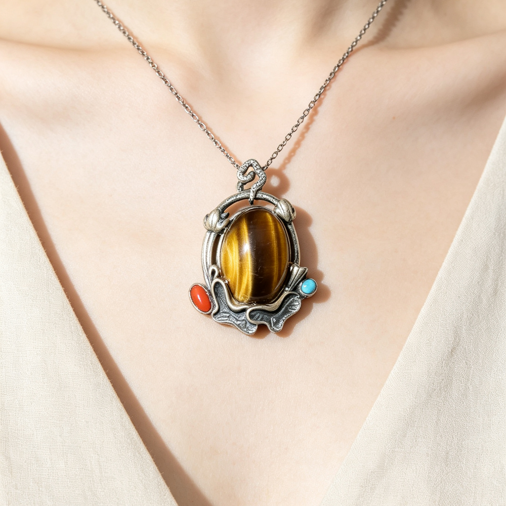 Natural Tiger’s‑Eye Vintage Metal Pendant, Ethnic Style Inlaid Tiger Eye Charm
