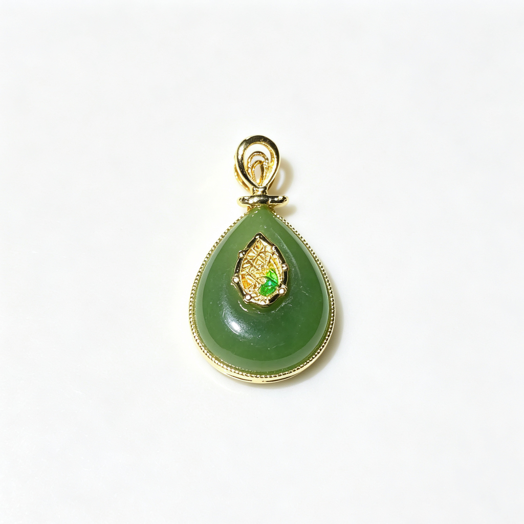 Natural Green Jasper Teardrop Gold‑Tone Pendant