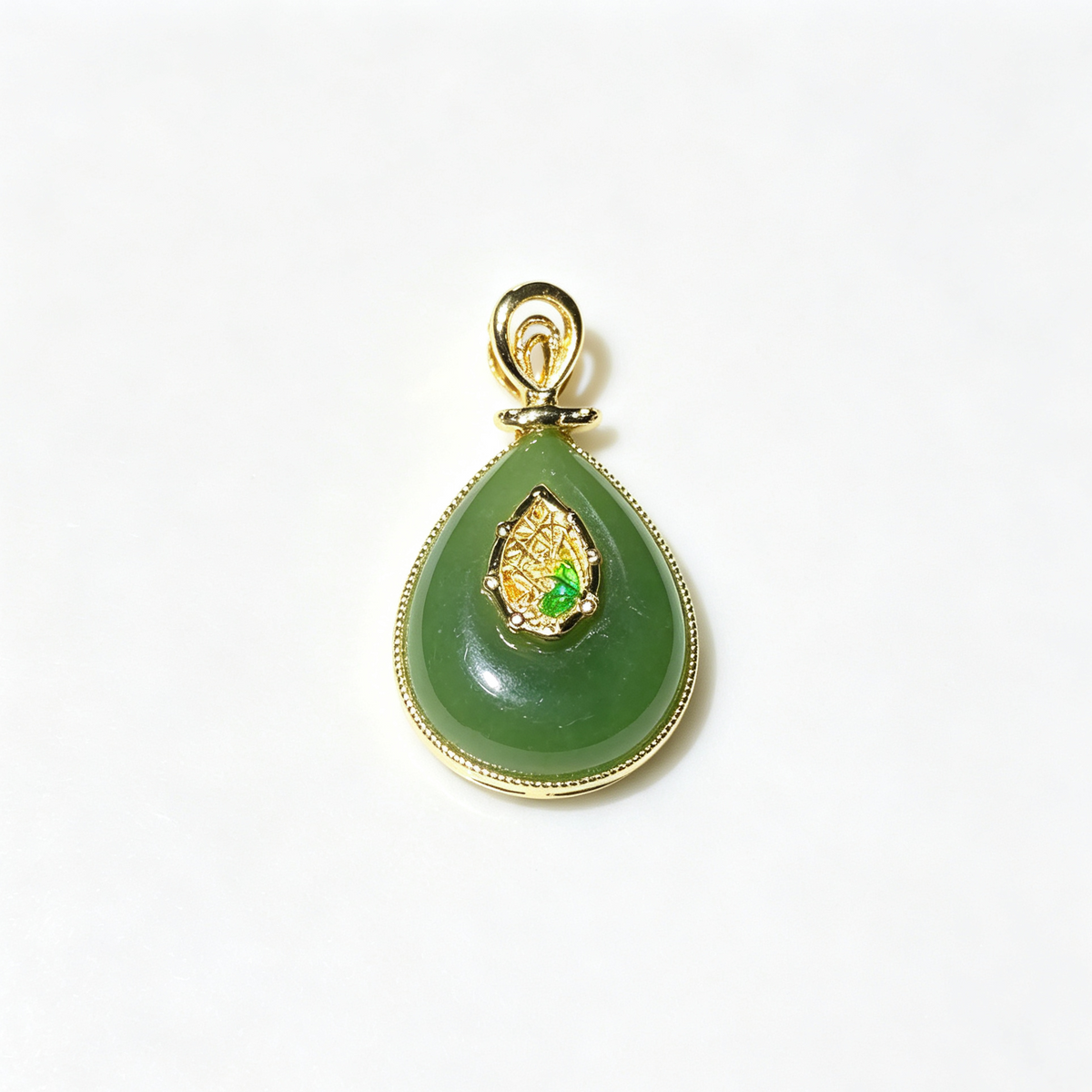 Natural Green Jasper Teardrop Gold‑Tone Pendant