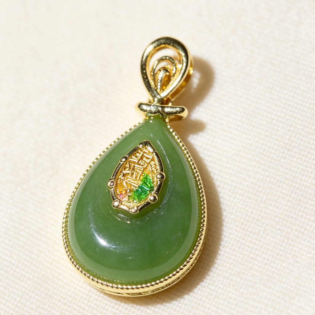 Natural Green Jasper Teardrop Gold‑Tone Pendant
