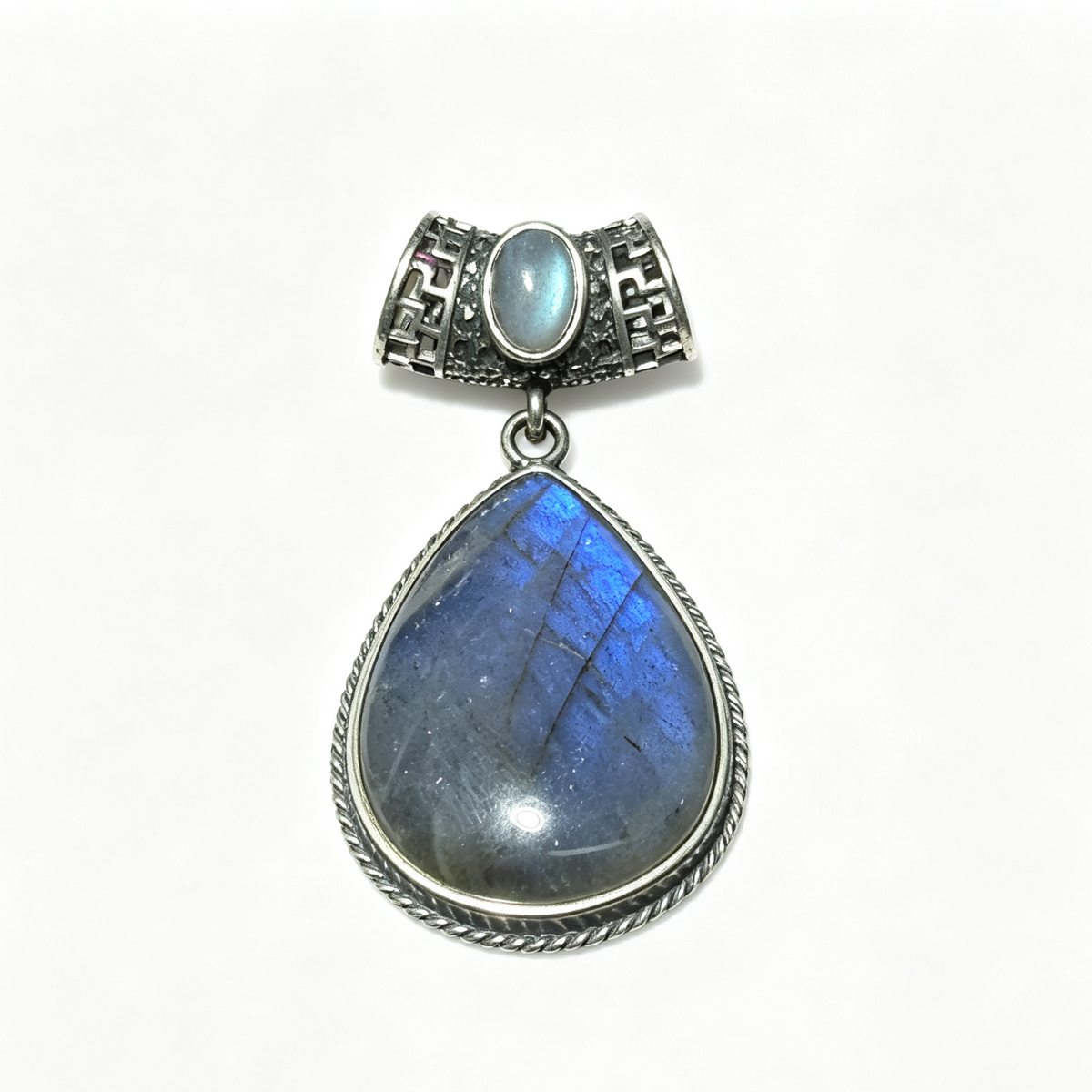 Natural Labradorite Teardrop Vintage Metal Pendant