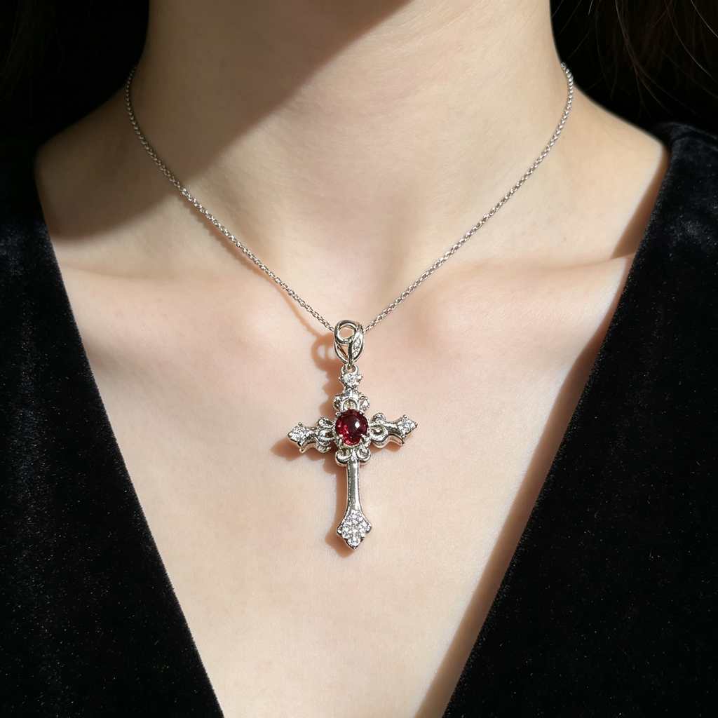 Natural Red Garnet Cross‑Shaped Silver‑Tone Pendant