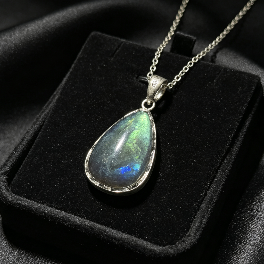 Natural Labradorite Teardrop Vintage Metal Pendant