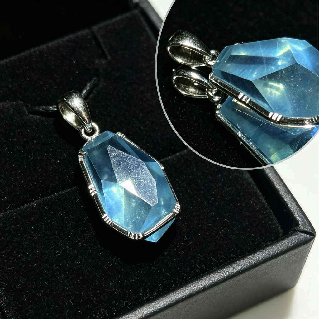 Natural Blue Aquamarine Free‑Form Faceted Silver‑Tone Pendant