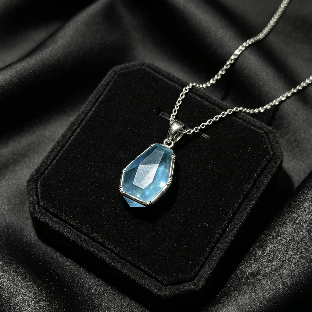 Natural Blue Aquamarine Free‑Form Faceted Silver‑Tone Pendant