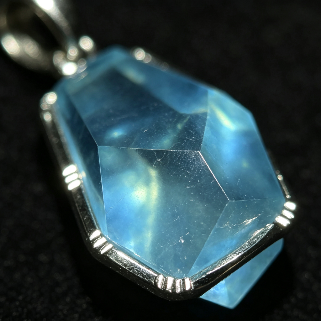Natural Blue Aquamarine Free‑Form Faceted Silver‑Tone Pendant