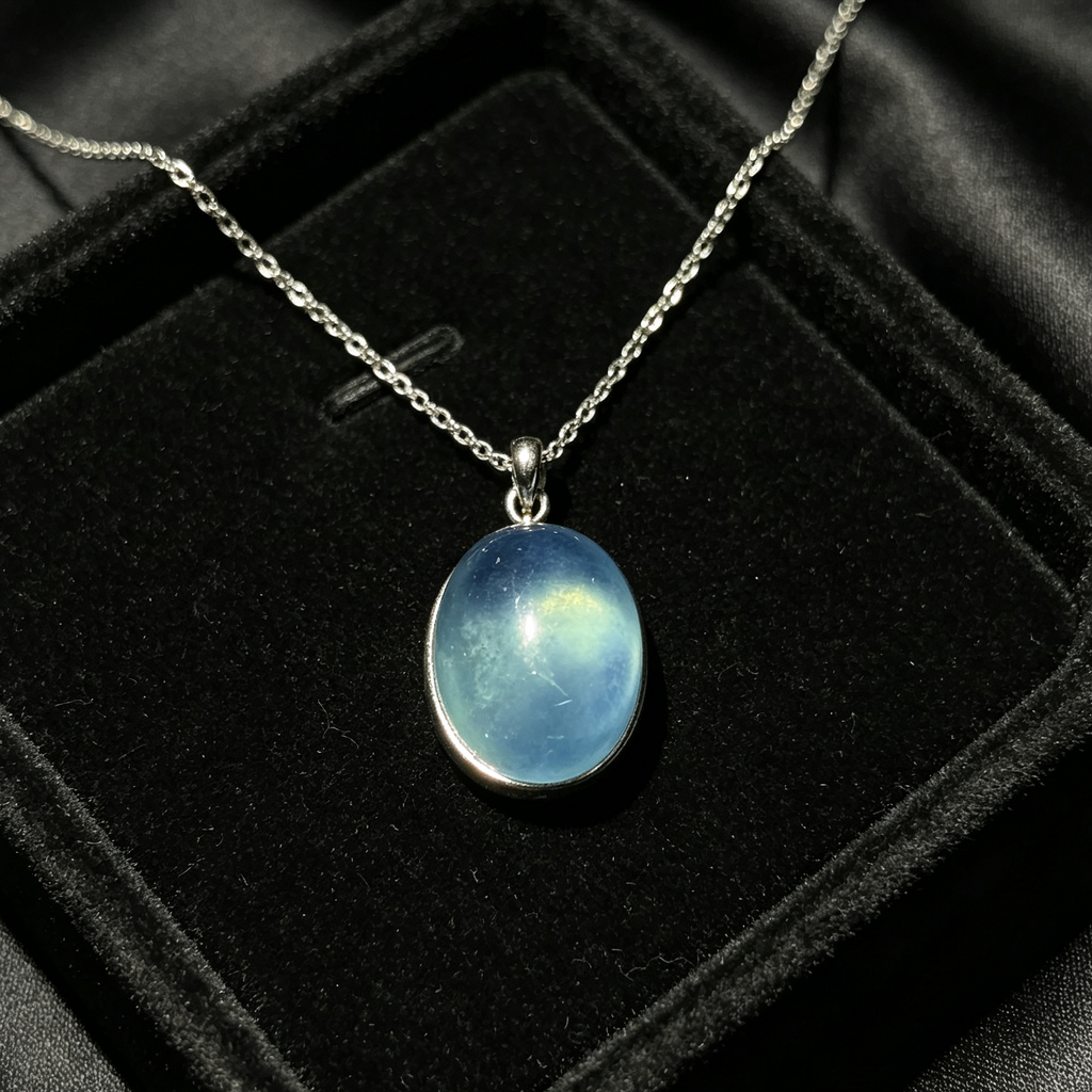 Natural Blue Aquamarine Oval Cabochon Silver‑Tone Bezel Pendant
