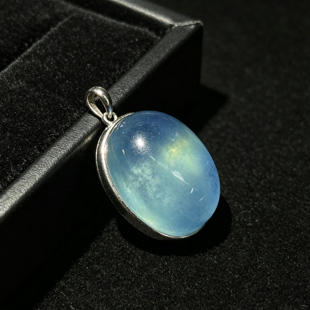 Natural Blue Aquamarine Oval Cabochon Silver‑Tone Bezel Pendant
