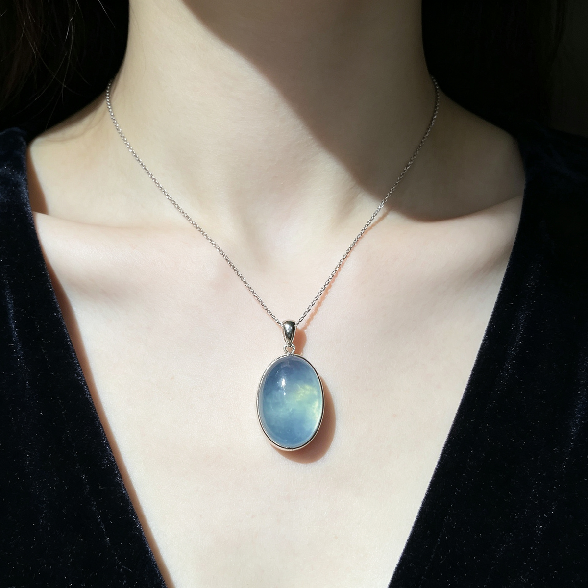 Natural Blue Aquamarine Oval Cabochon Silver‑Tone Bezel Pendant