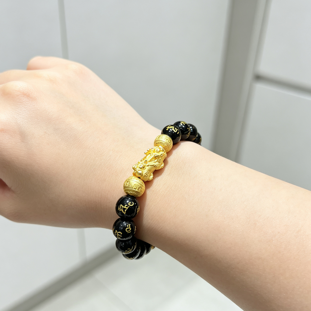 Natural Black Agate Stretch Bracelet, 12.2mm Round Bead Bracelet with Golden Pixiu Charm