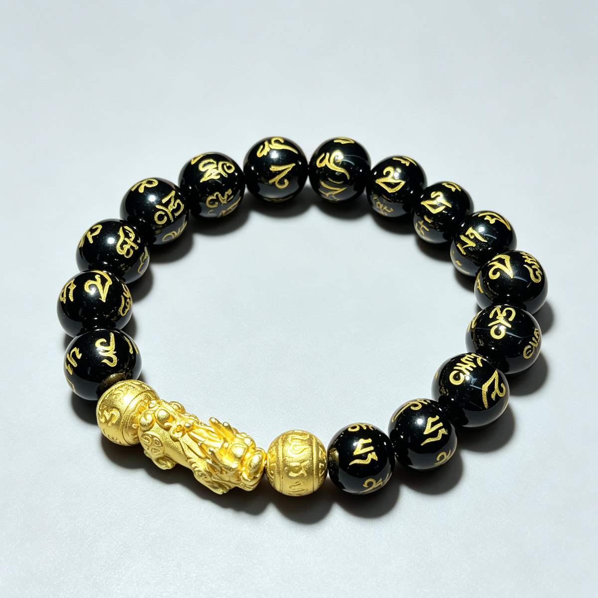 Natural Black Agate Stretch Bracelet, 12.2mm Round Bead Bracelet with Golden Pixiu Charm