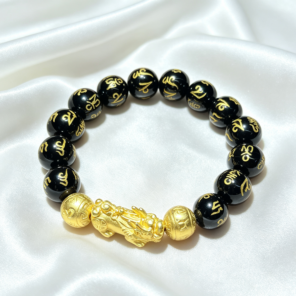 Natural Black Agate Stretch Bracelet, 12.2mm Round Bead Bracelet with Golden Pixiu Charm
