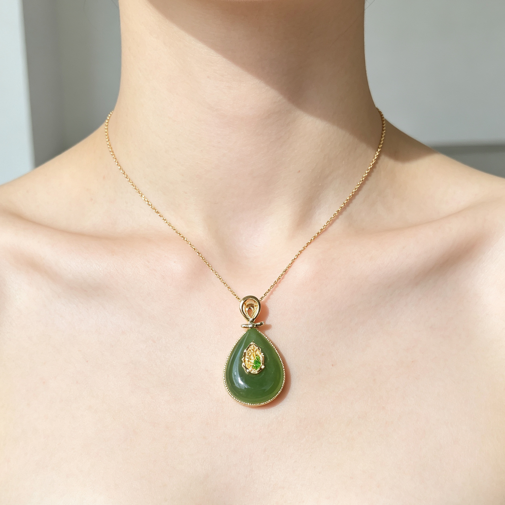 Natural Green Jasper Teardrop Gold‑Tone Pendant
