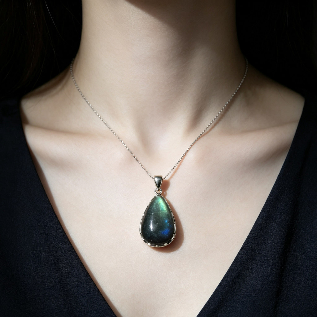 Natural Labradorite Teardrop Vintage Metal Pendant