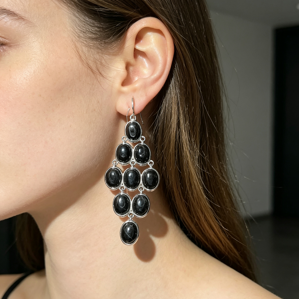 Natural Black Onyx Chandelier Drop Earrings