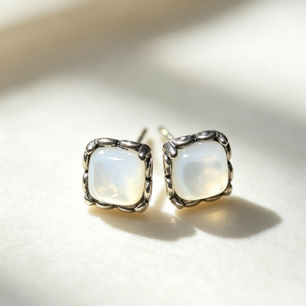 Natural Moonstone Square Cushion Stud Earrings