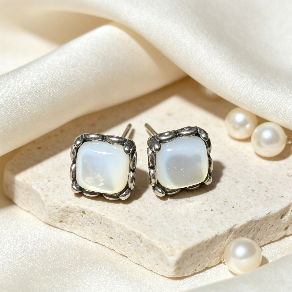 Natural Moonstone Square Cushion Stud Earrings