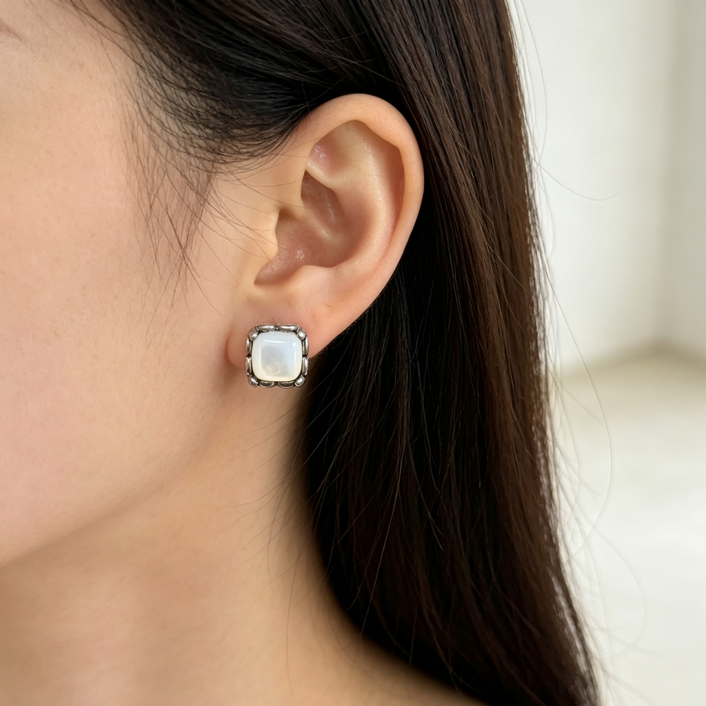 Natural Moonstone Square Cushion Stud Earrings