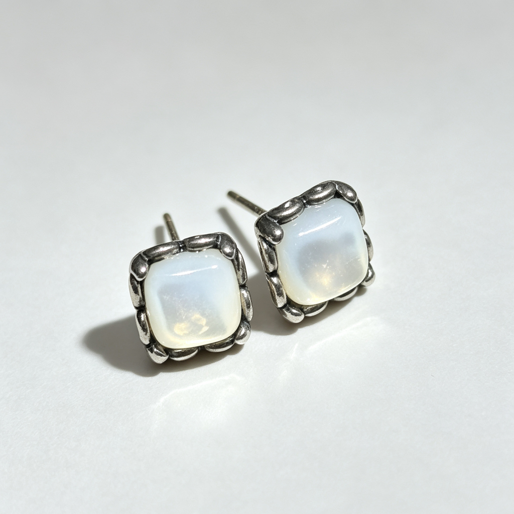 Natural Moonstone Square Cushion Stud Earrings