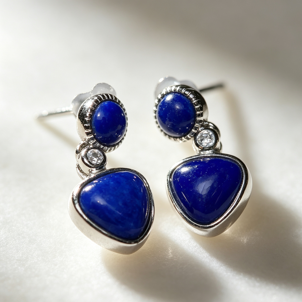 Natural Lapis Lazuli Heart‑Shaped Dangle Stud Earrings