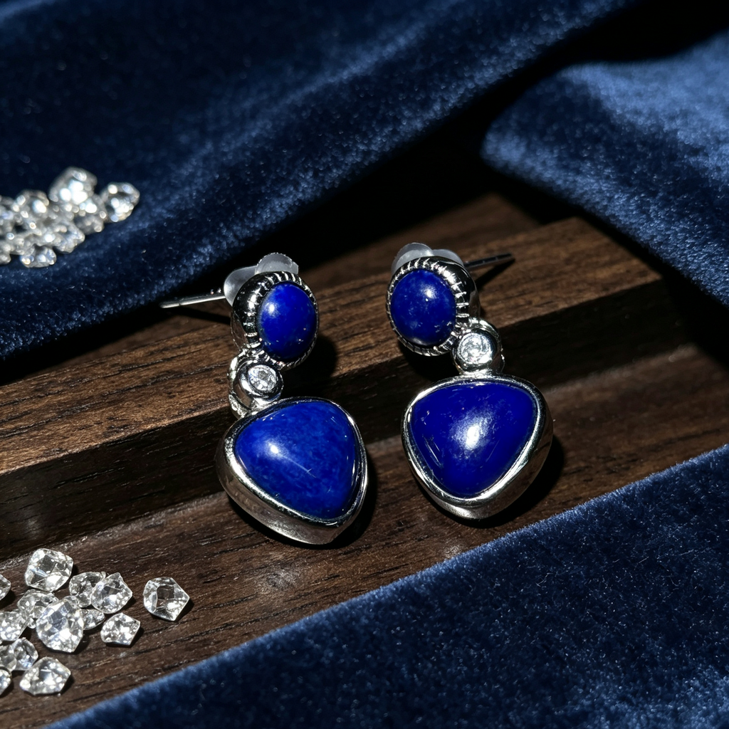 Natural Lapis Lazuli Heart‑Shaped Dangle Stud Earrings
