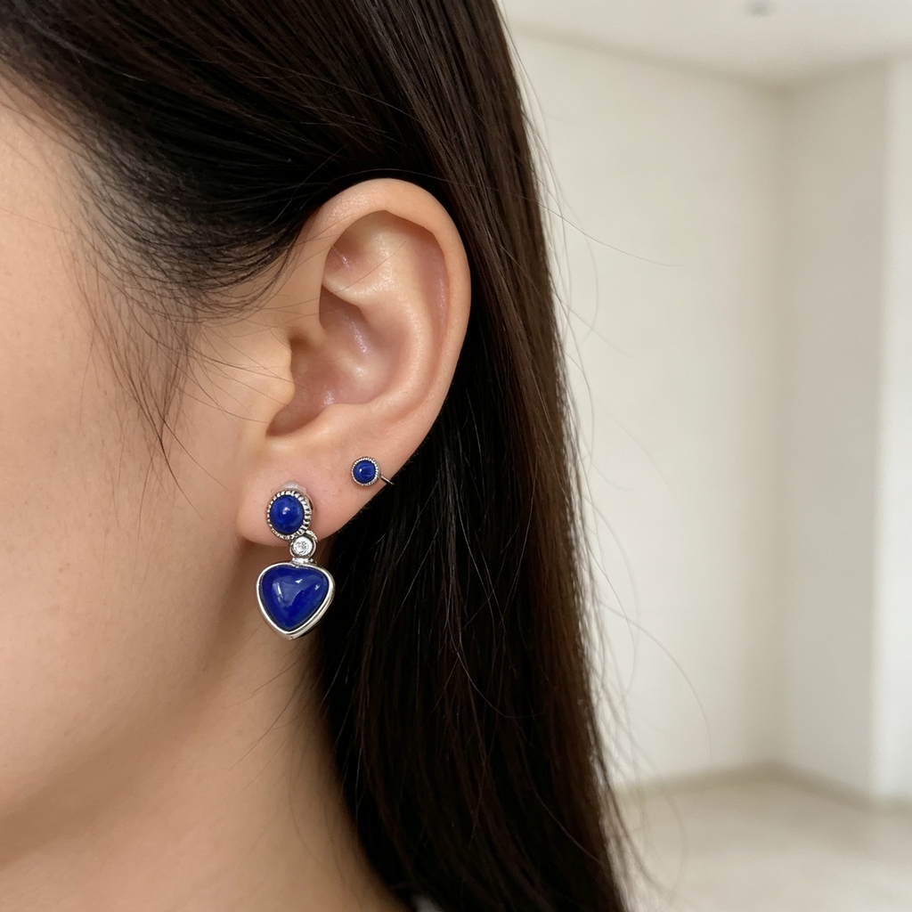 Natural Lapis Lazuli Heart‑Shaped Dangle Stud Earrings
