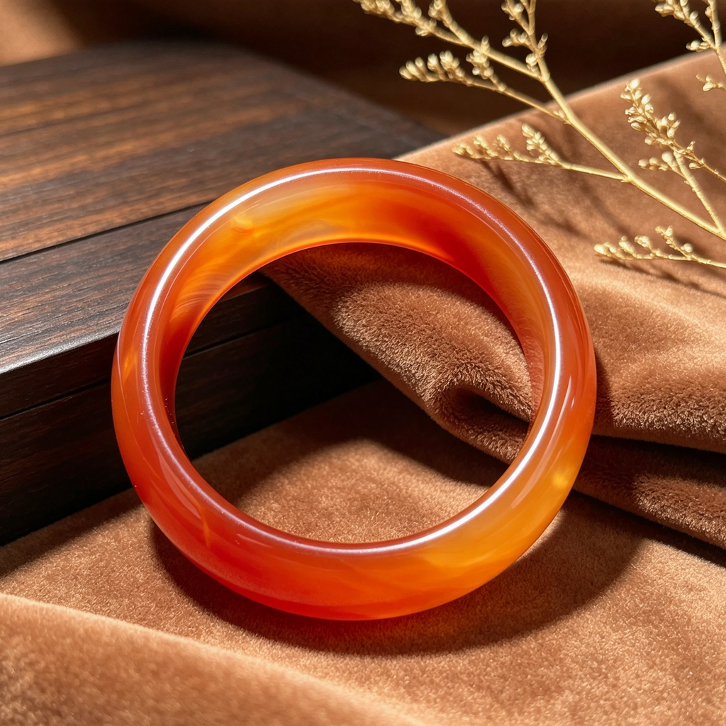Natural Red Agate Bangle, Warm Orange‑Red Banded Agate Solid Bangle