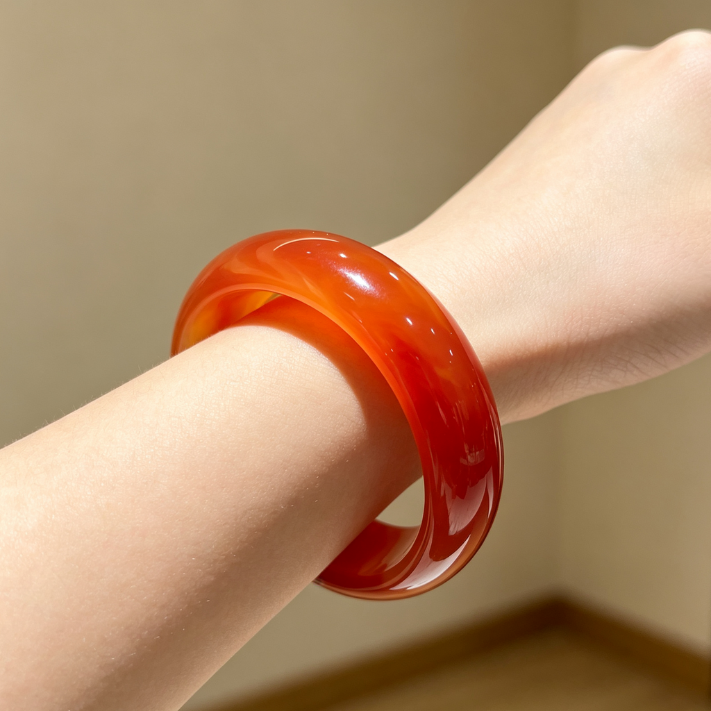 Natural Red Agate Bangle, Warm Orange‑Red Banded Agate Solid Bangle