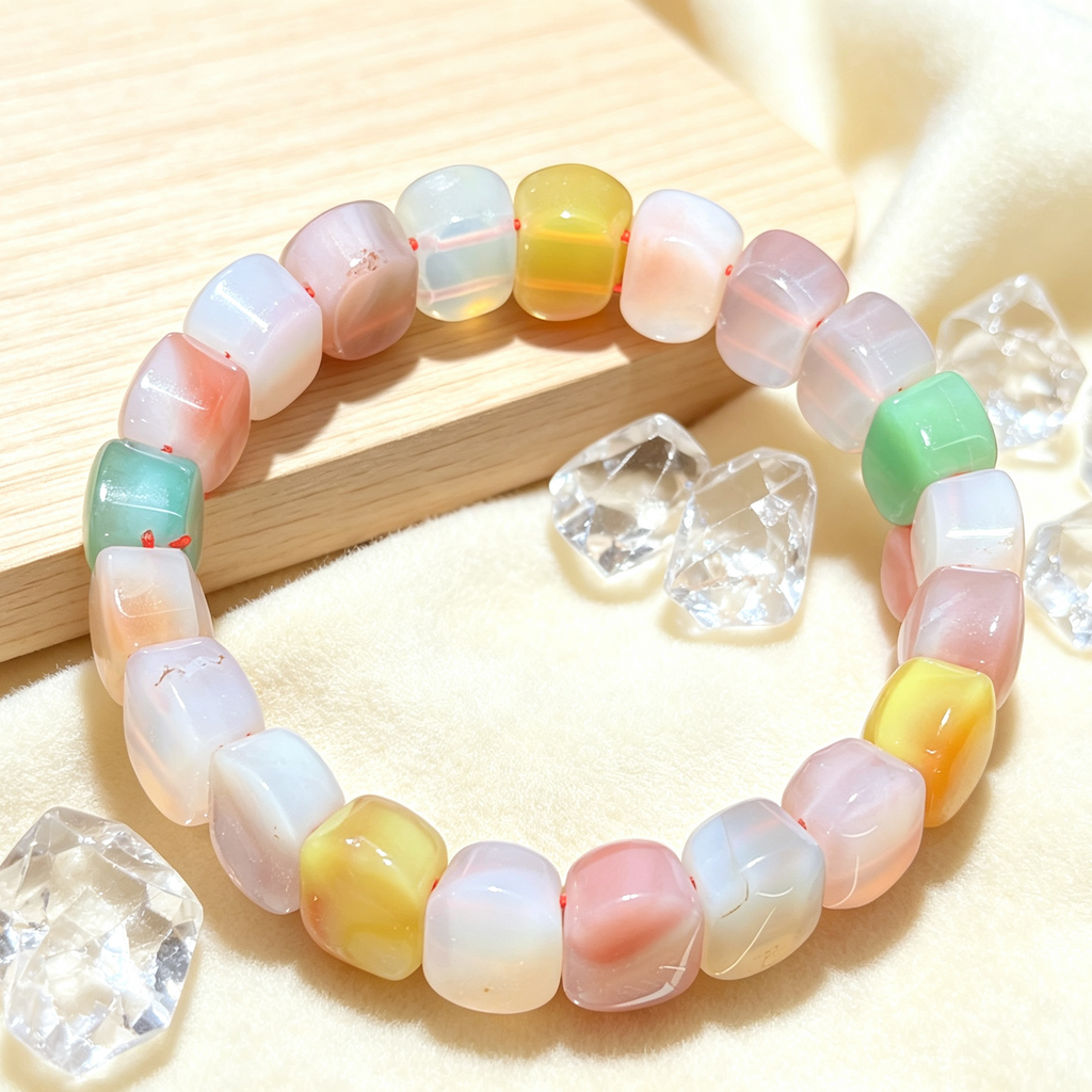 Natural Multicolor Yanyuan Agate Flat Bead Stretch Bracelet
