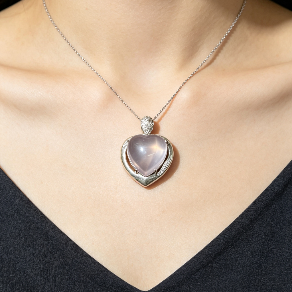 Natural Rose Quartz Heart‑Shaped Halo Pendant