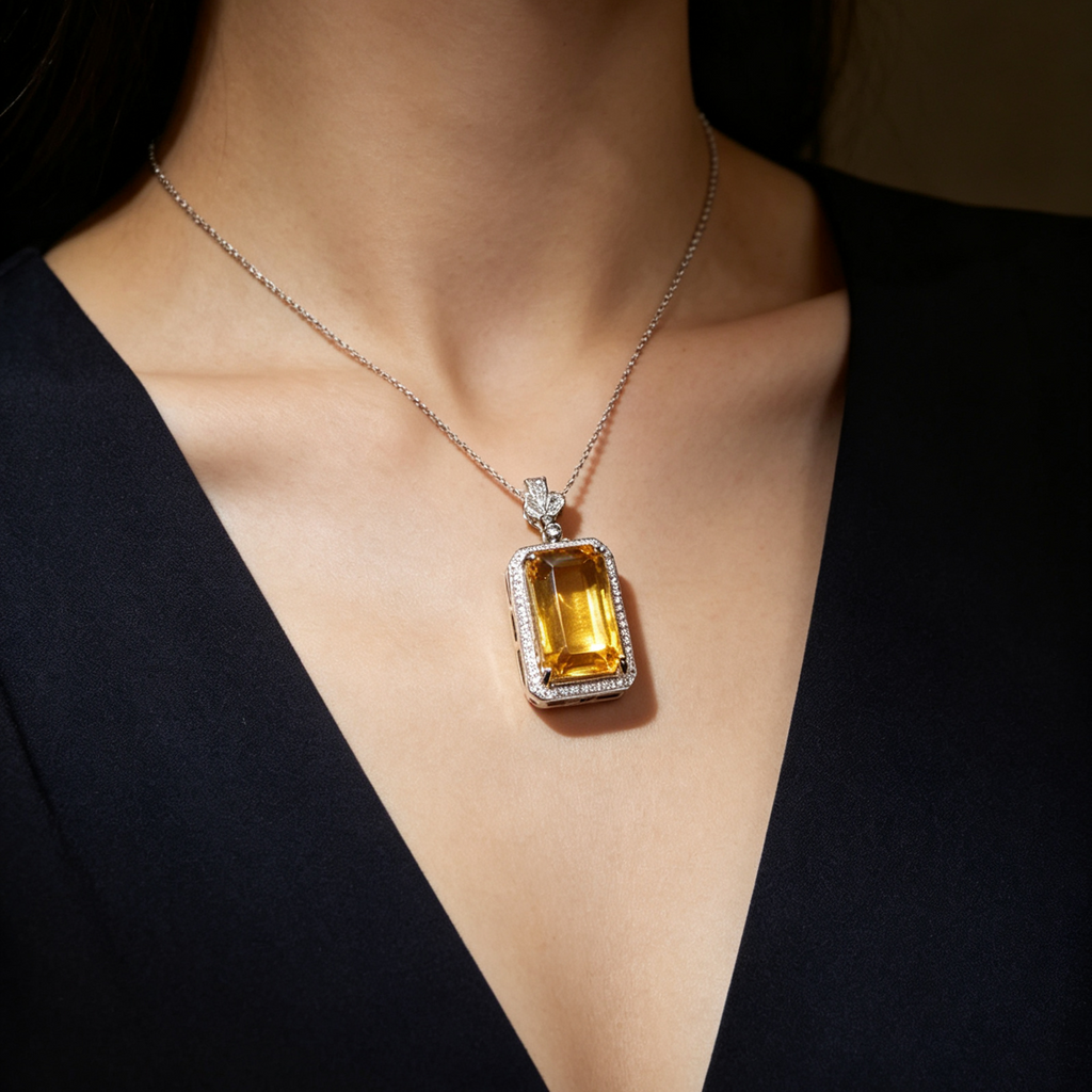 Natural Citrine Emerald‑Cut Halo Pendant
