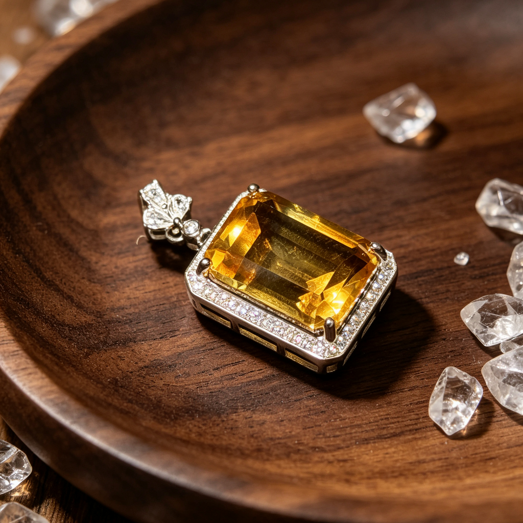 Natural Citrine Emerald‑Cut Halo Pendant