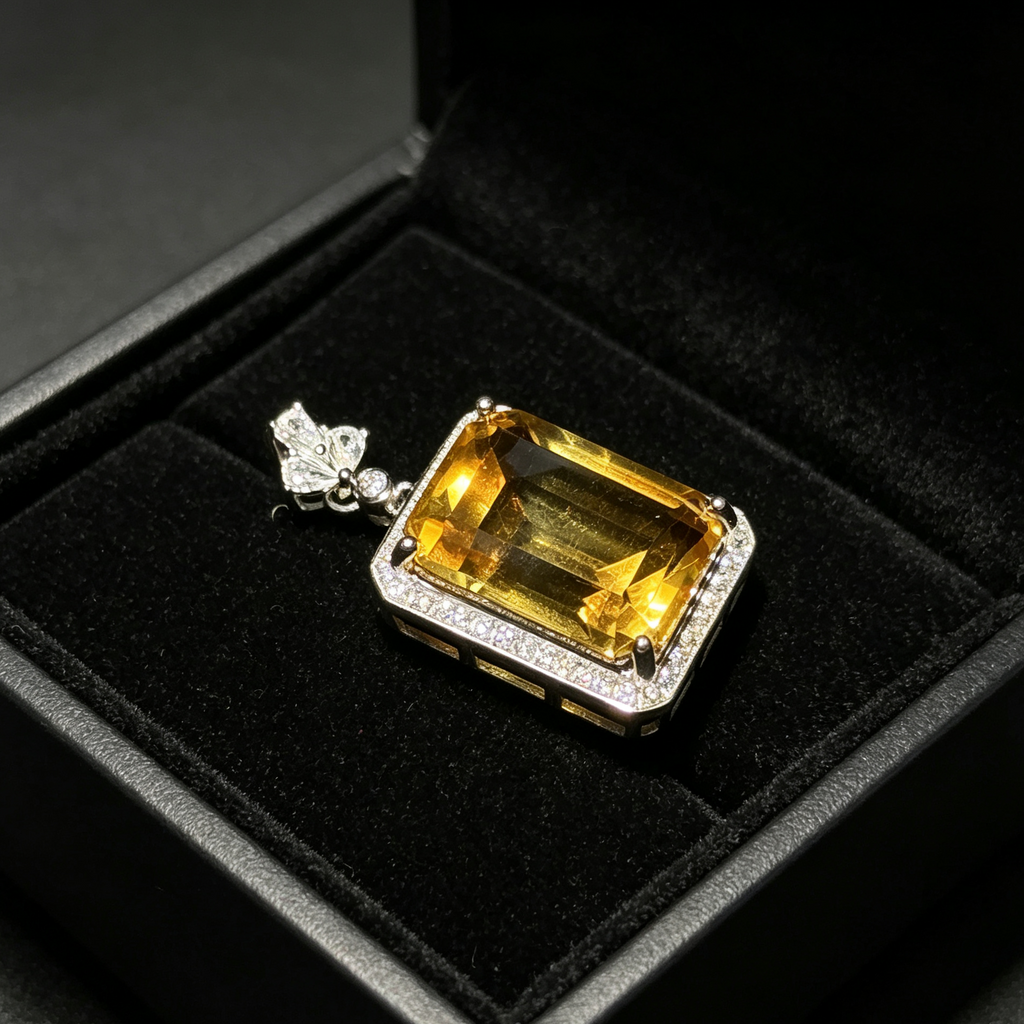 Natural Citrine Emerald‑Cut Halo Pendant