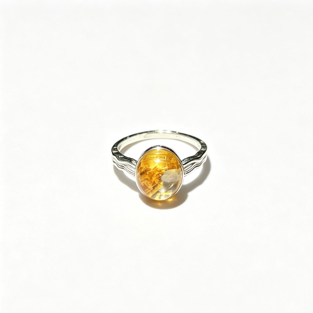Natural Golden Rutilated Quartz Round Cabochon Ring