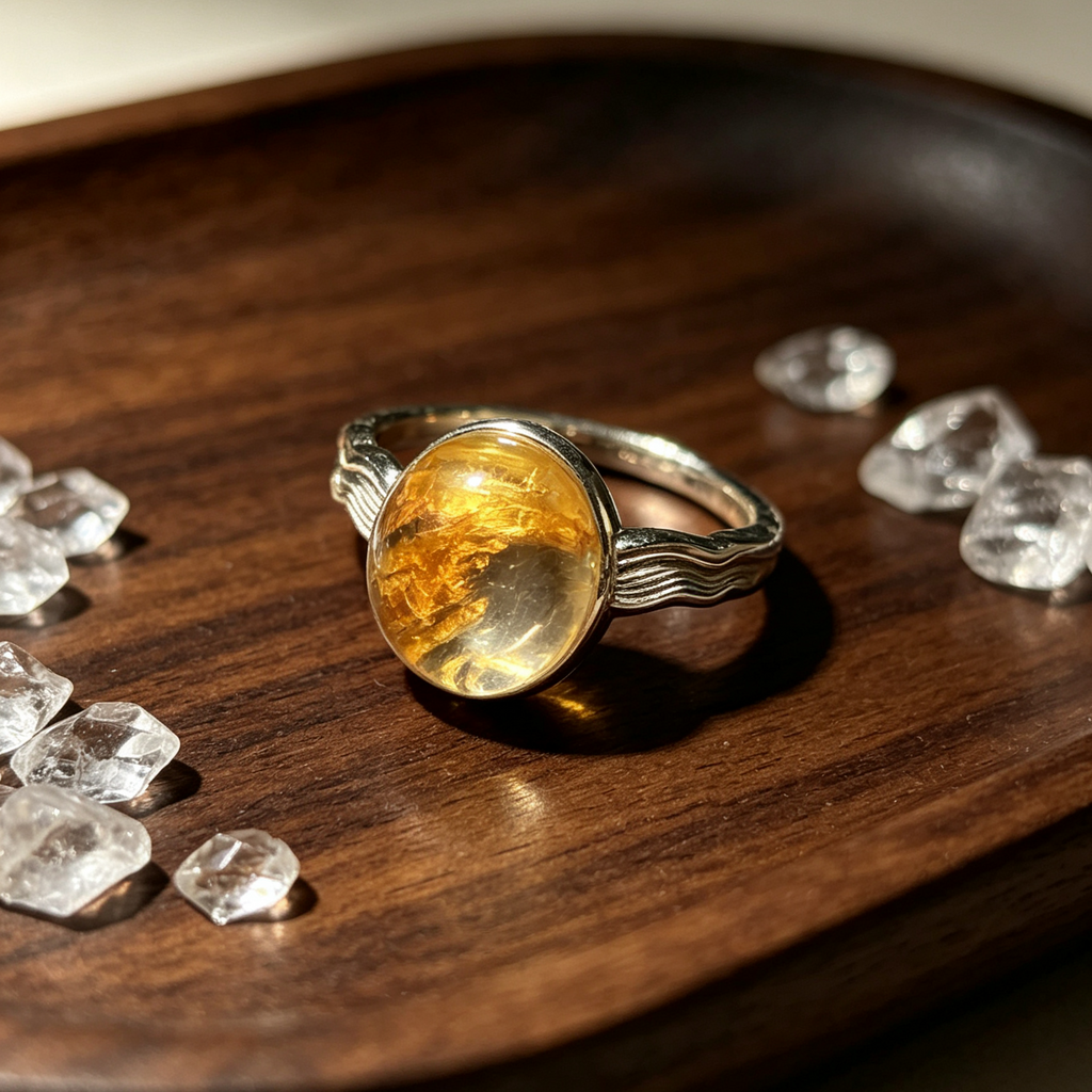 Natural Golden Rutilated Quartz Round Cabochon Ring