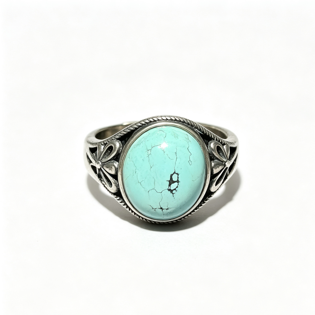 Natural Turquoise Oval Cabochon Ring, Vintage Silver‑Tone Filigree Band Statement Crystal Ring