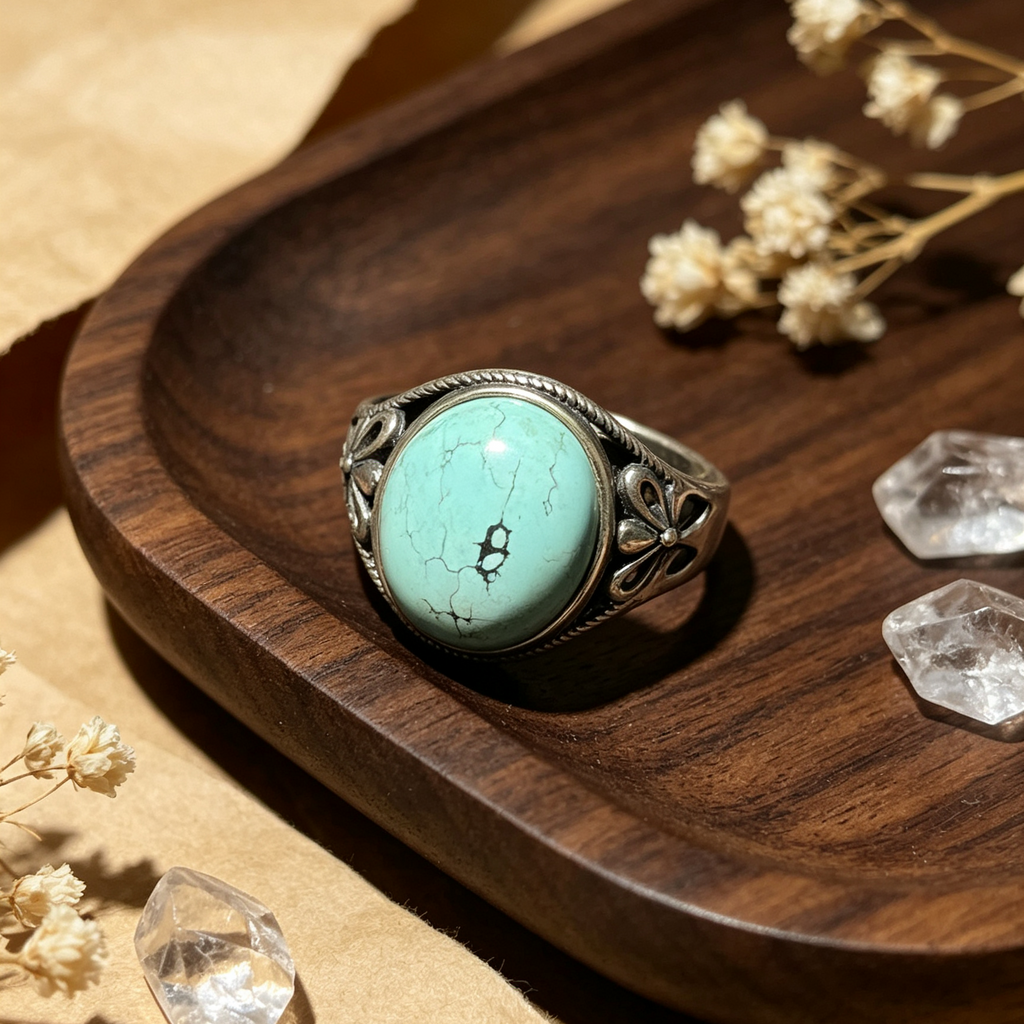 Natural Turquoise Oval Cabochon Ring, Vintage Silver‑Tone Filigree Band Statement Crystal Ring