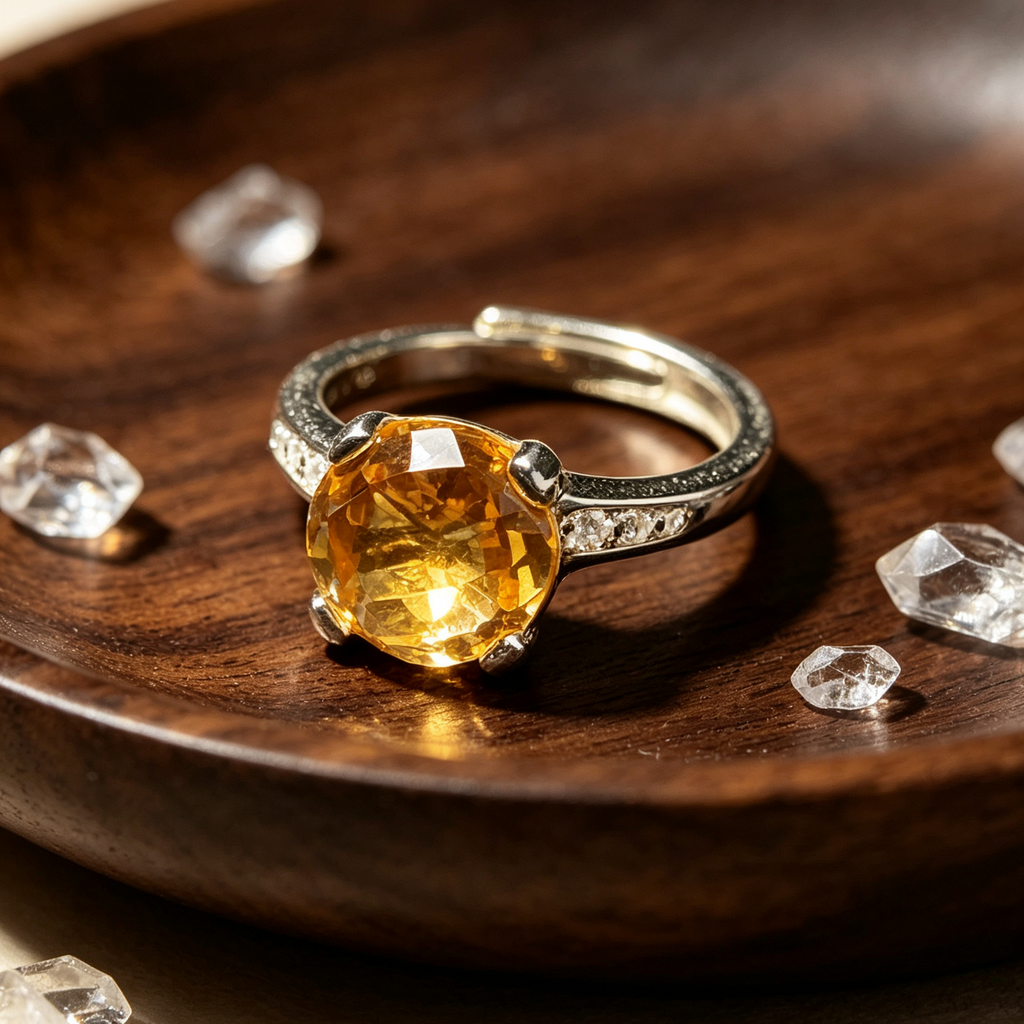 Natural Citrine Round Faceted Prong‑Set Adjustable Open Ring