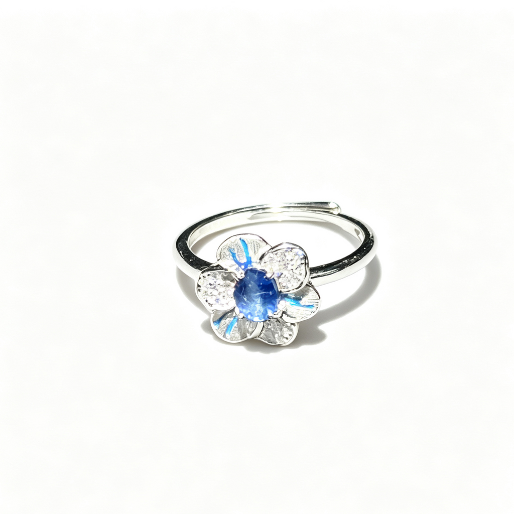 Adjustable Flower‑Shape Enamel Ring, Blue Crystal Floral Open Band Ring