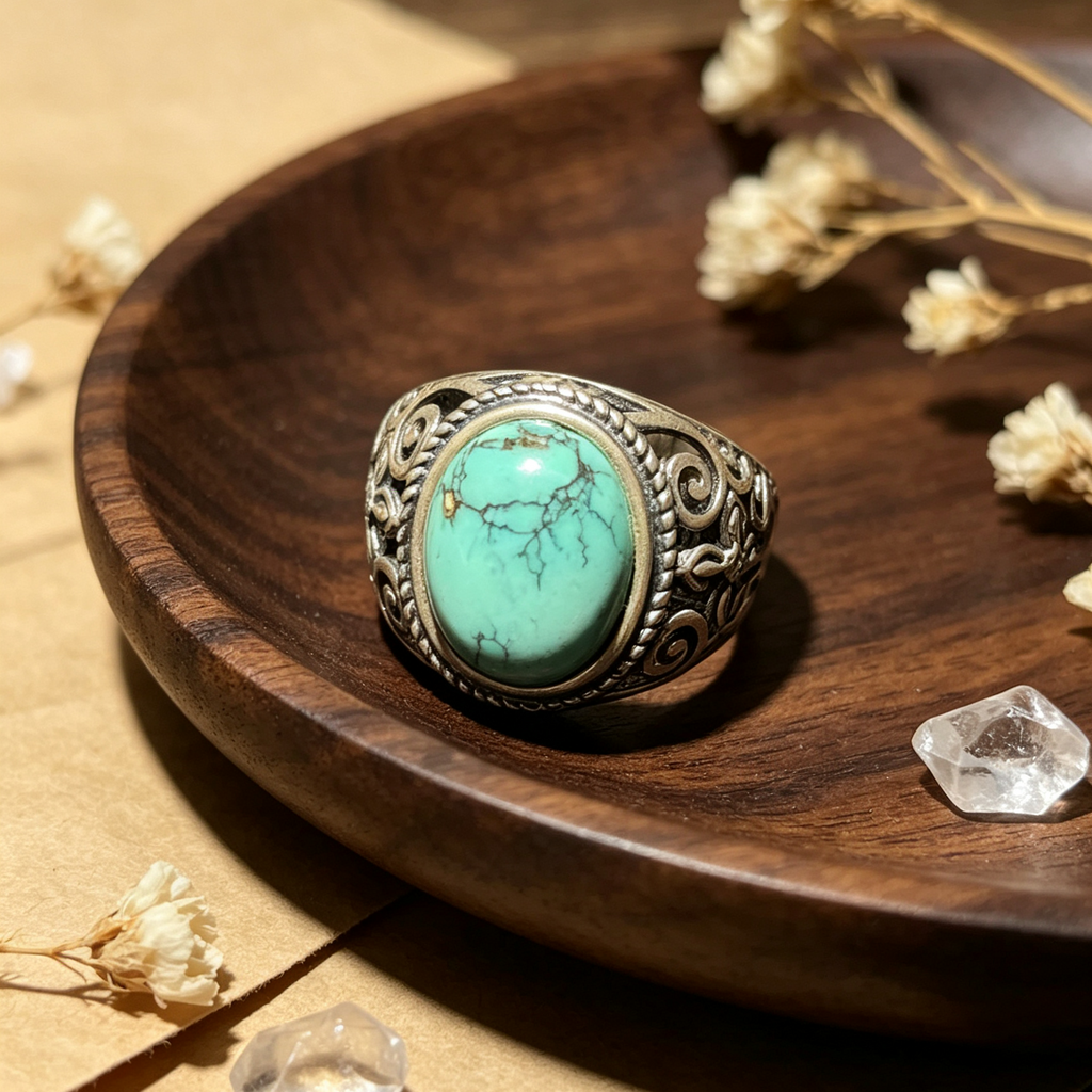 Natural Turquoise Oval Cabochon Vintage Filigree Ring