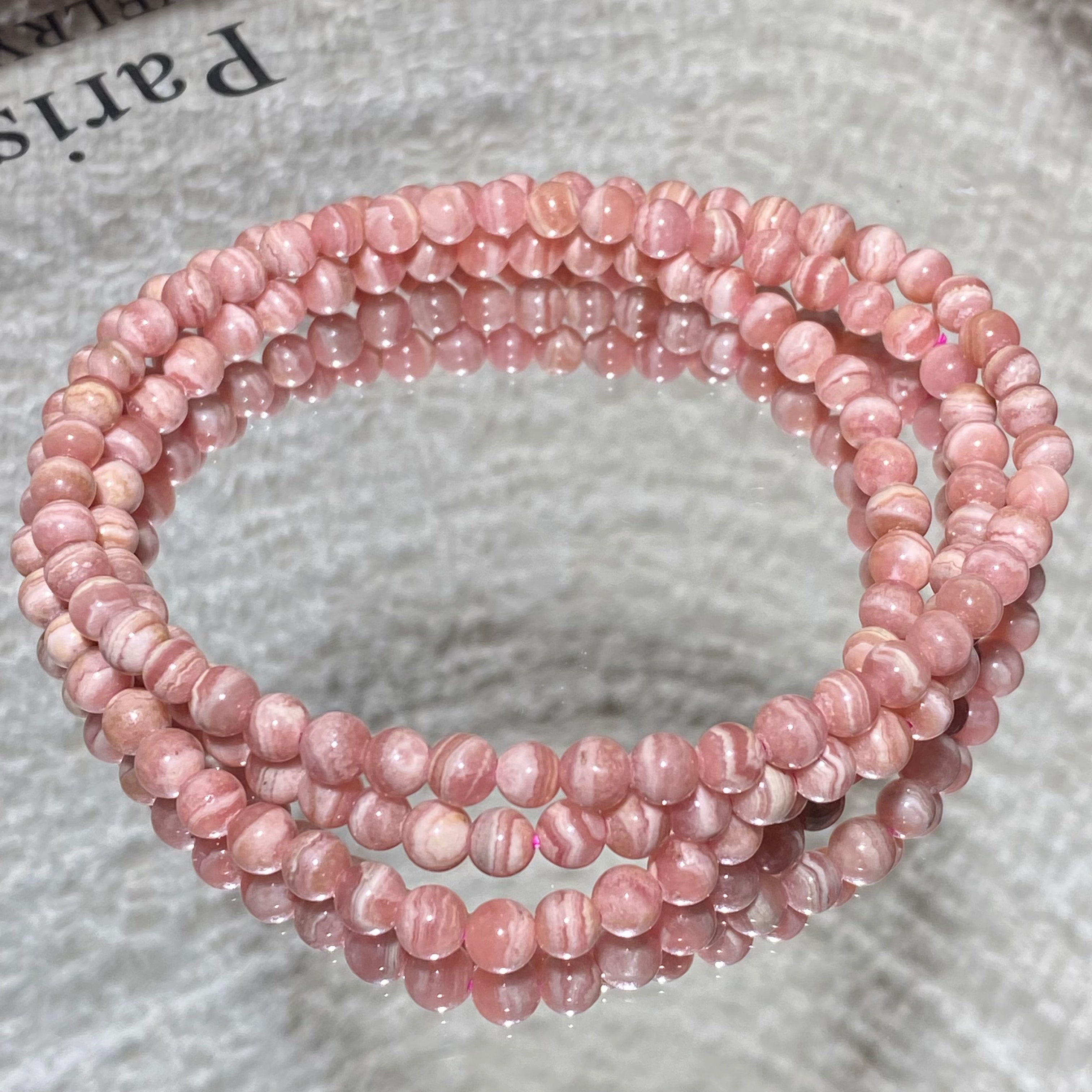 Natural Rhodochrosite Multi-loop Bracelet | Argentina Inca Rose Pink Stone Beaded Bracelet, 3-Loop Wrist Jewelry