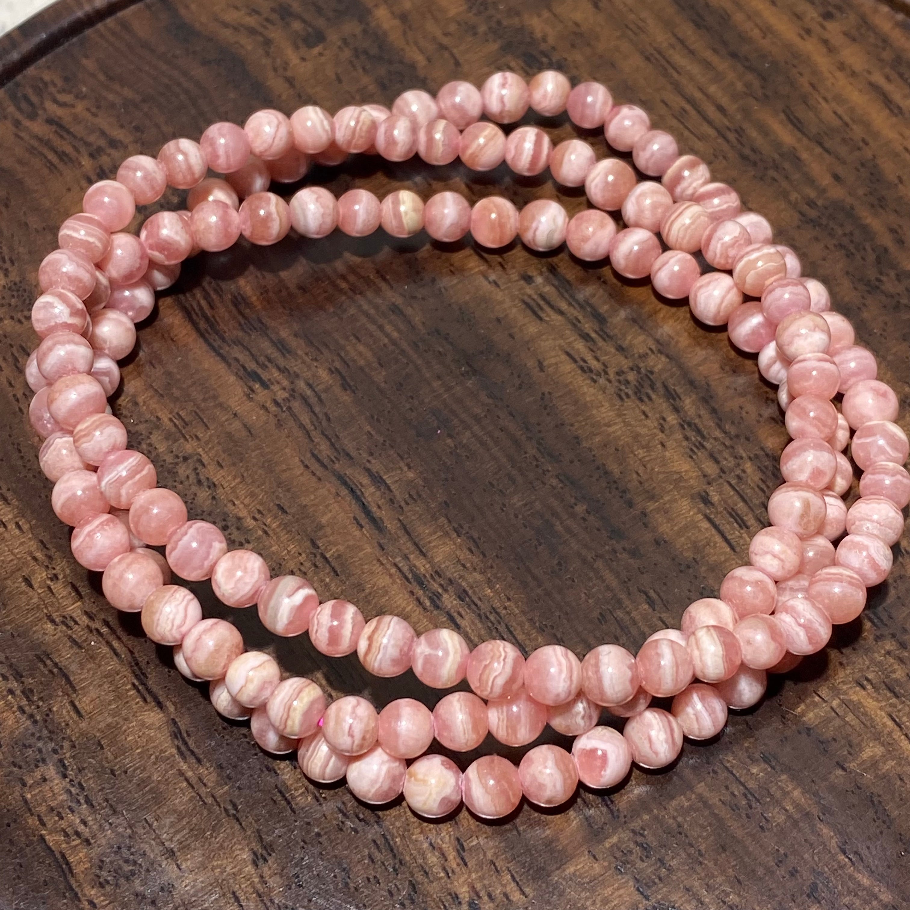 Natural Rhodochrosite Multi-loop Bracelet | Argentina Inca Rose Pink Stone Beaded Bracelet, 3-Loop Wrist Jewelry