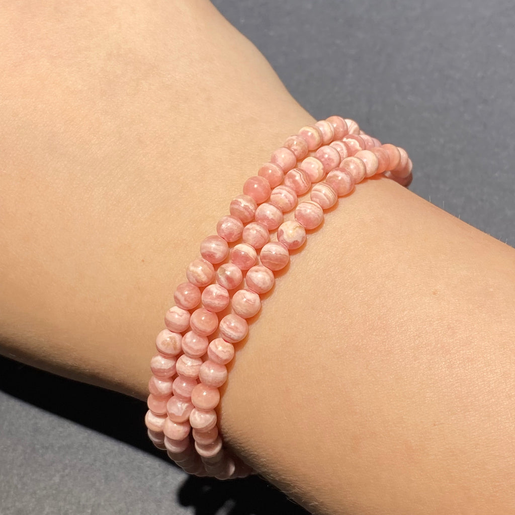 Natural Rhodochrosite Multi-loop Bracelet | Argentina Inca Rose Pink Stone Beaded Bracelet, 3-Loop Wrist Jewelry
