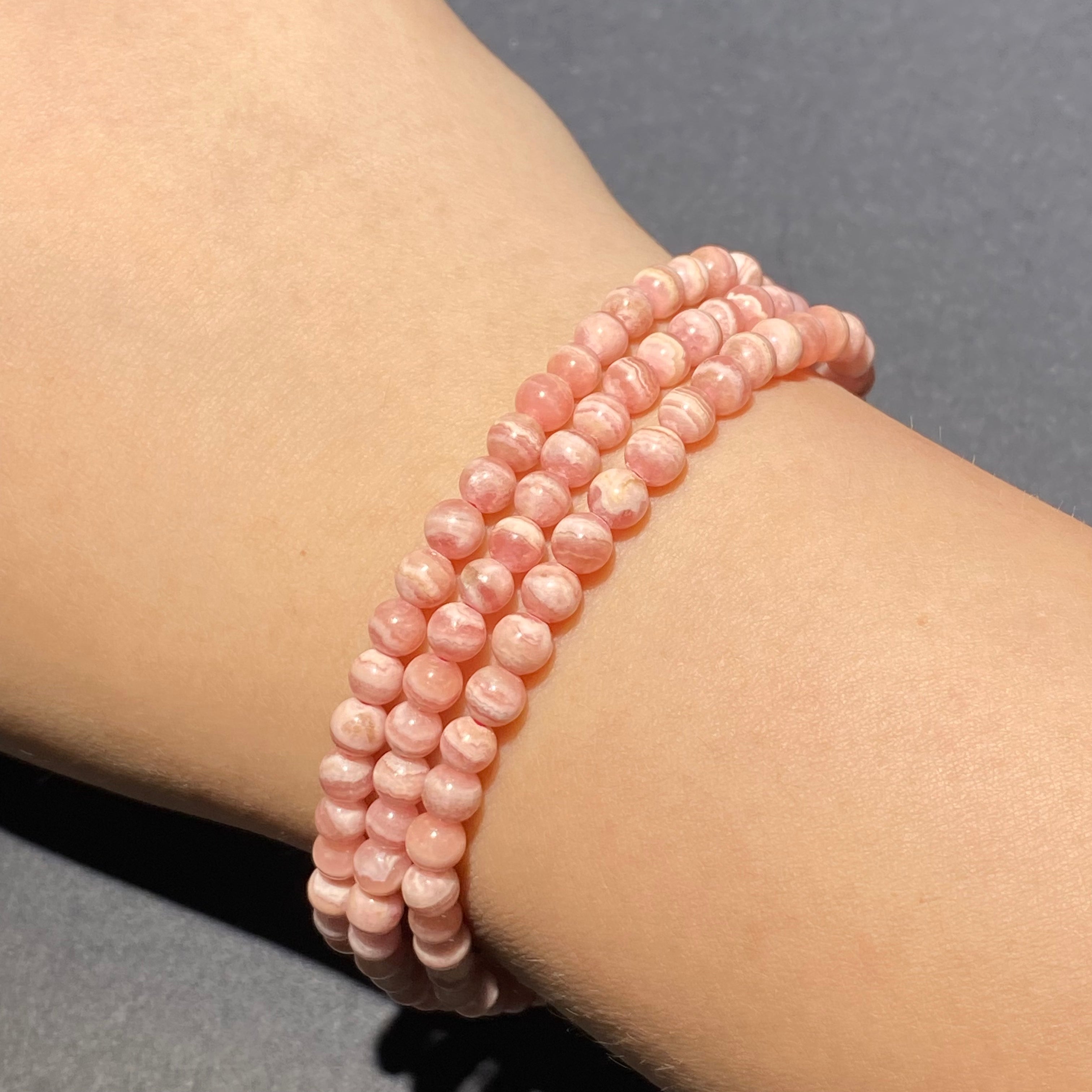 Natural Rhodochrosite Multi-loop Bracelet | Argentina Inca Rose Pink Stone Beaded Bracelet, 3-Loop Wrist Jewelry