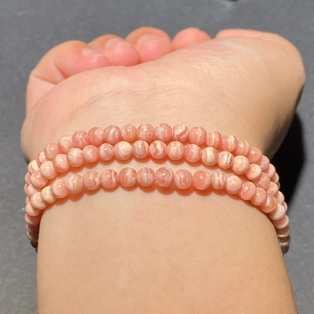 Natural Rhodochrosite Multi-loop Bracelet | Argentina Inca Rose Pink Stone Beaded Bracelet, 3-Loop Wrist Jewelry
