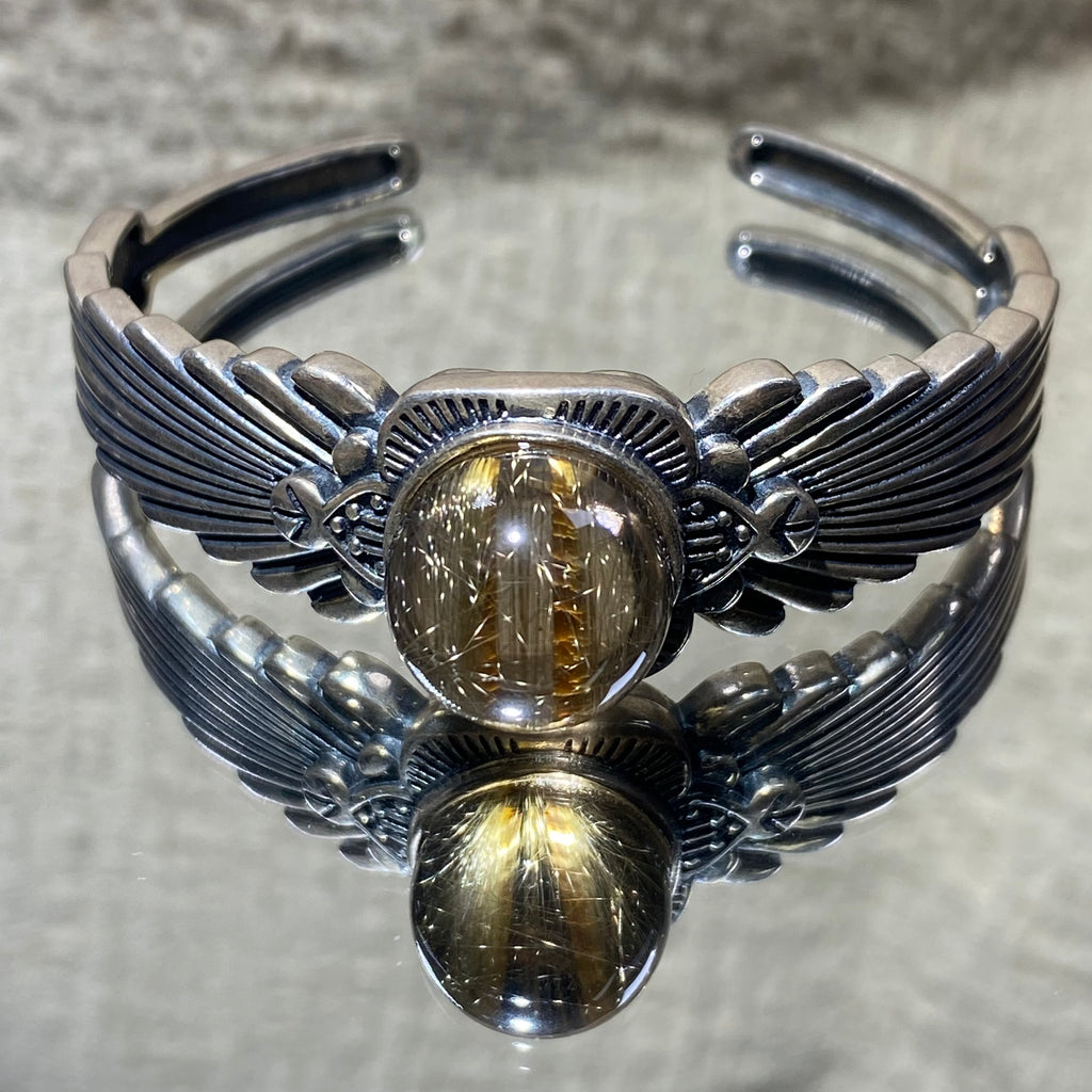 Angel Wings Natural Golden Rutilated Quartz S925 Silver Open Bangle